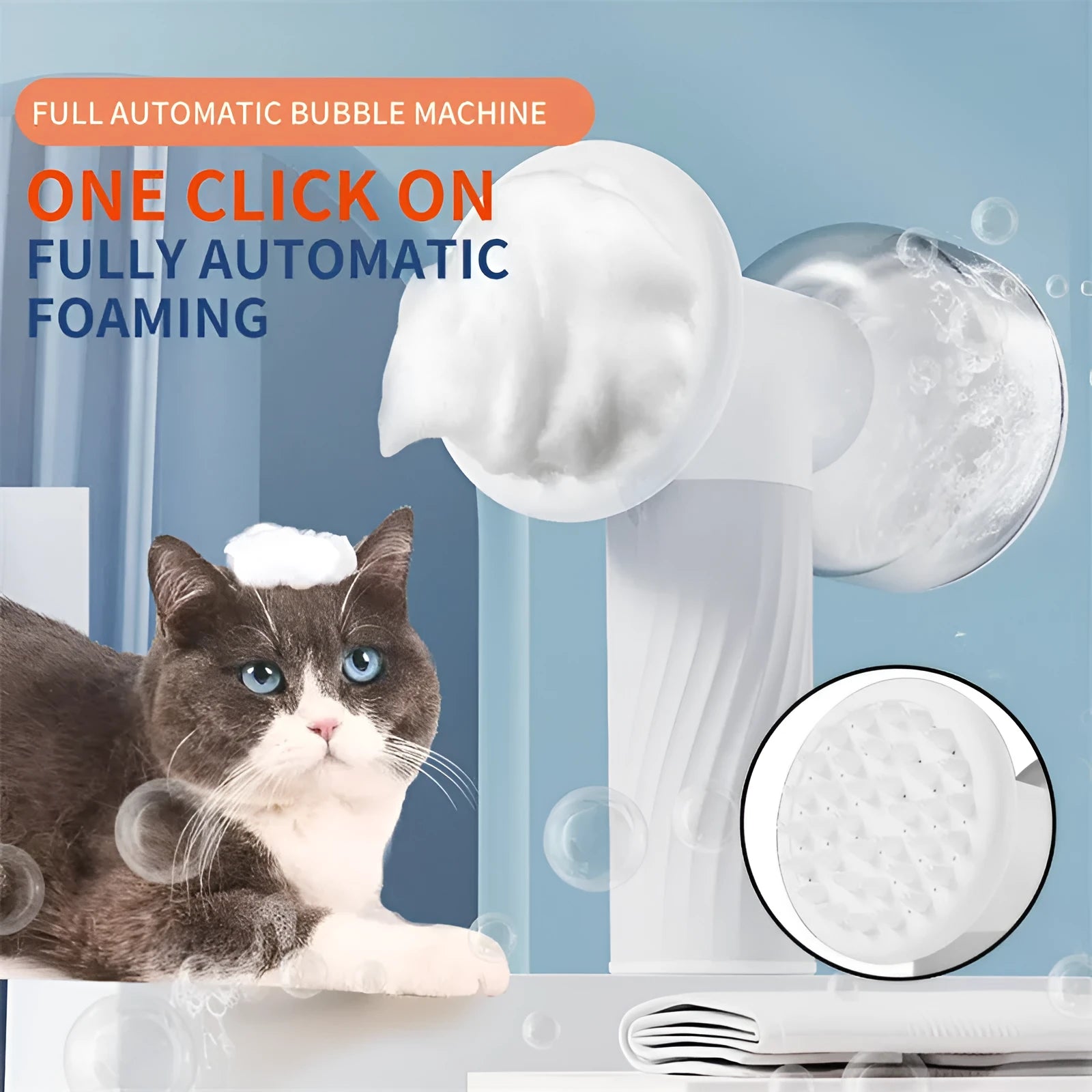 Automatic foaming dog bath brush with soap dispenser and silicone bristles on a white background