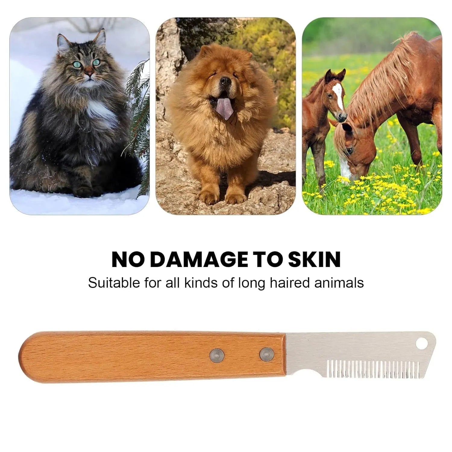 Pet stripping comb with wood handle showing long and short size options for dog and cat grooming