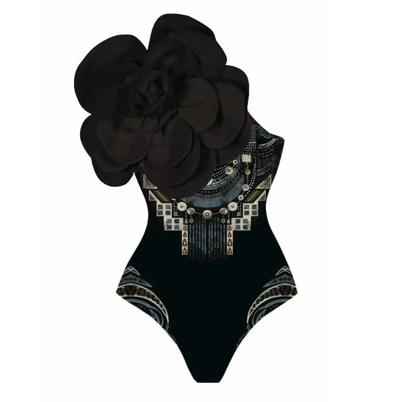 Women's floral print one-piece swimsuit with wrap skirt in polyester fabric