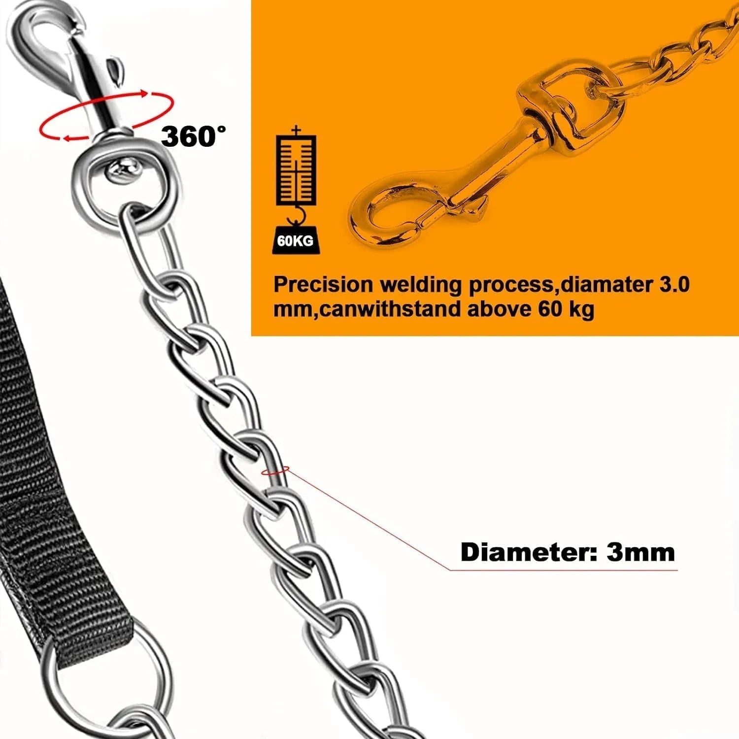 Heavy duty metal dog leash with soft padded handle and chew-proof chain in black, blue, or red.