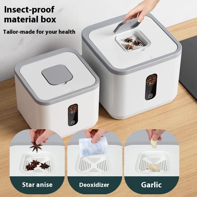 Grey plastic rice storage jar with airtight lid and measuring cup in 10kg, 20kg, and 30kg capacity options