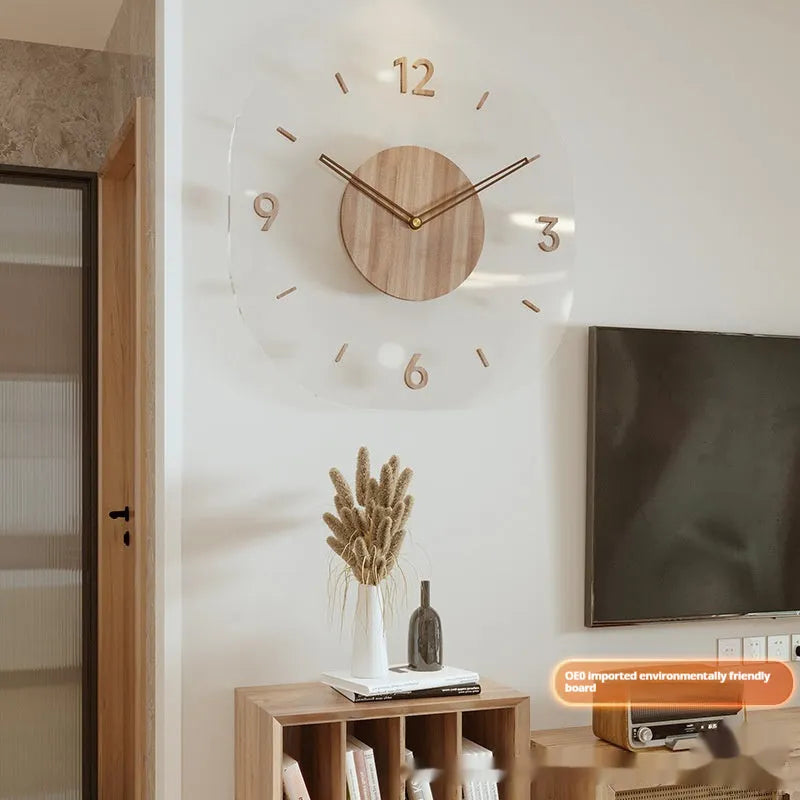 35cm square transparent wooden frame wall clock with modern design