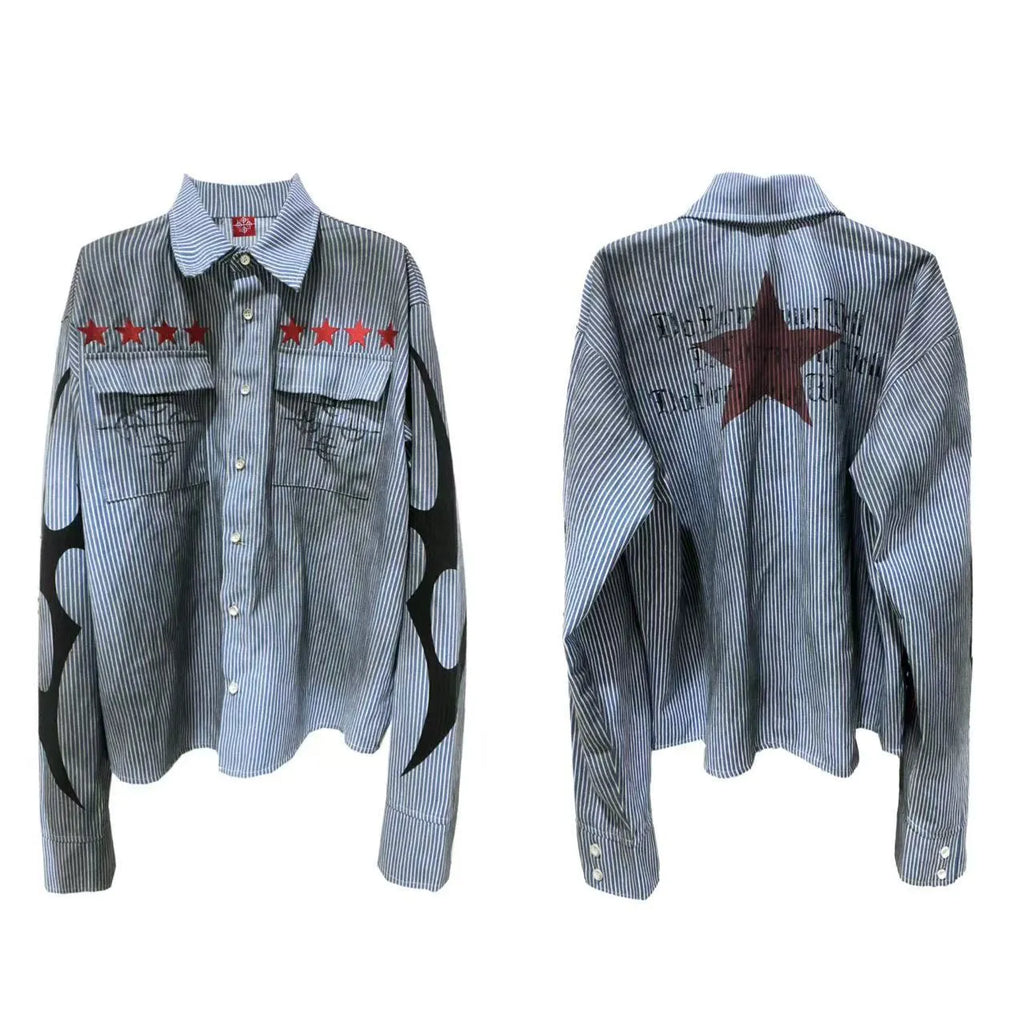 Men's washed-out blue striped casual shirt with lapel collar and long sleeves