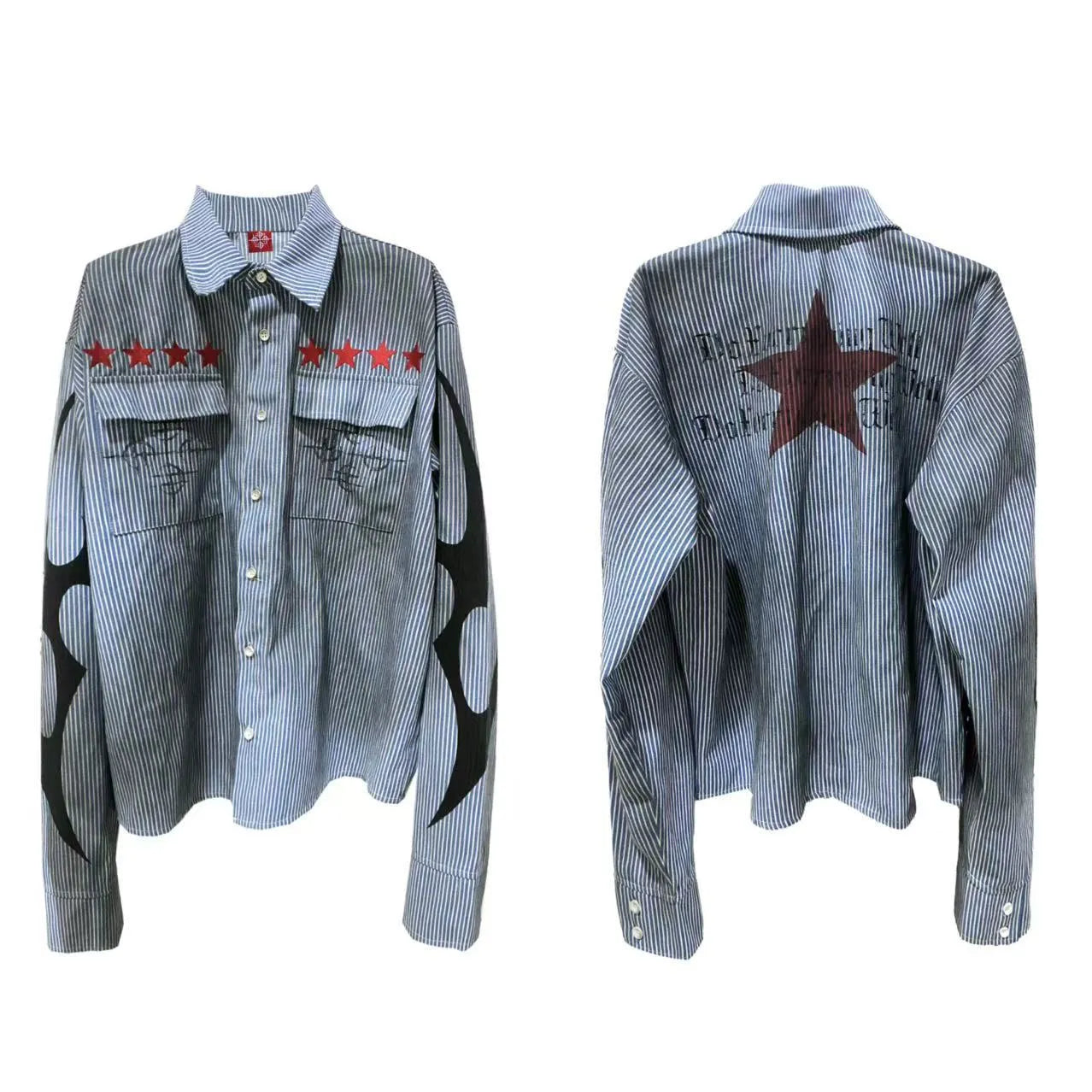 Men's washed-out blue striped casual shirt with lapel collar and long sleeves