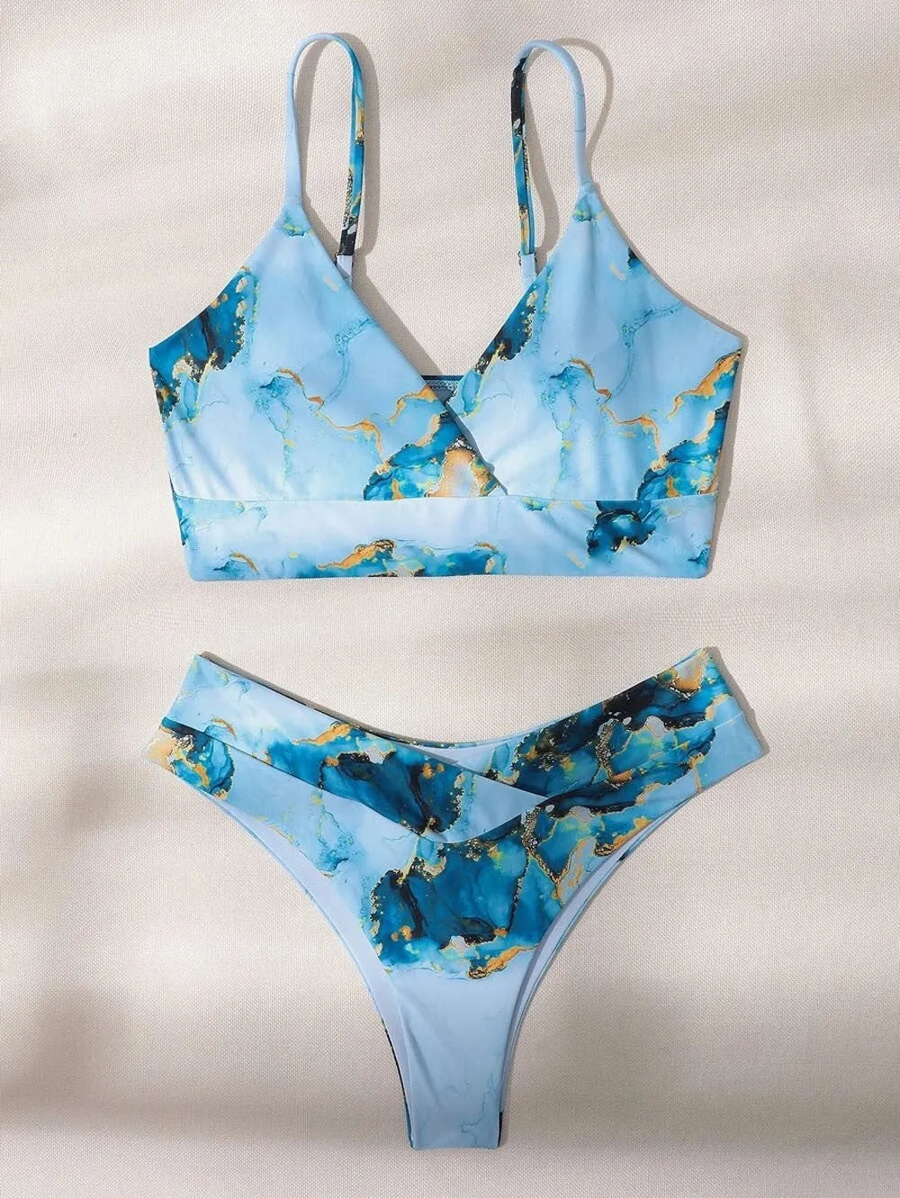 Women's high waist bikini swimsuit set with marble tie-dye print and U-neck design.
