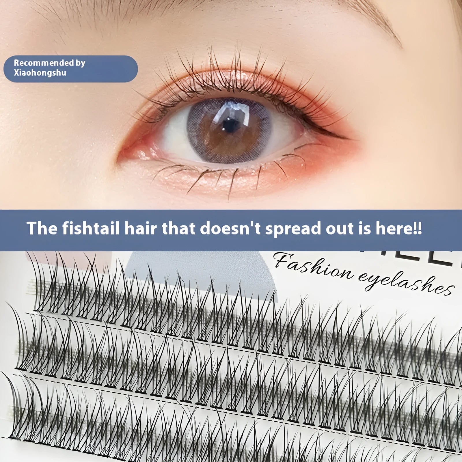 Black V-shaped fairy fishtail false eyelashes with thick segment design, showing 8mm to 12mm length options.