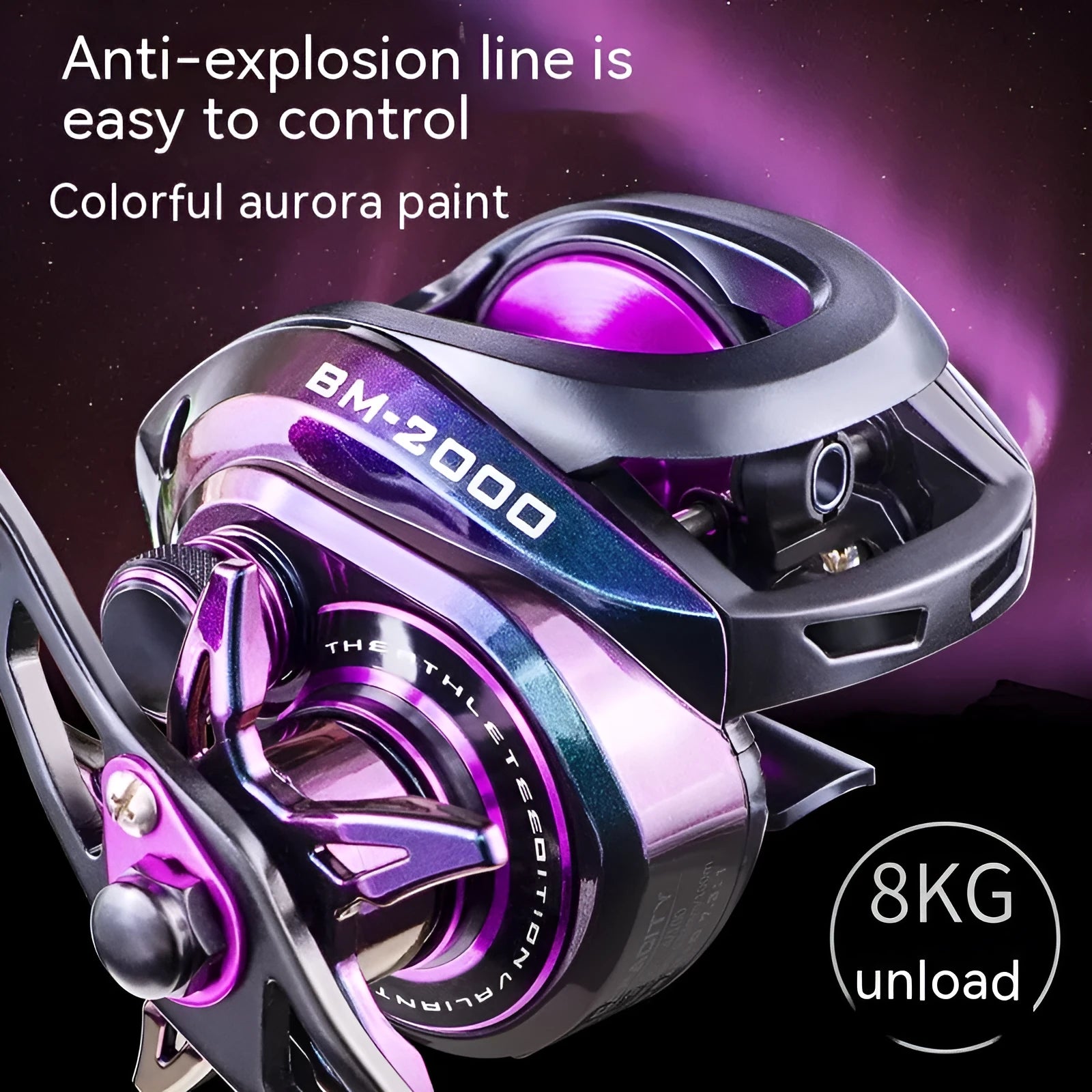 BM2000 model spinning fishing reel with a water drop shaped spool.