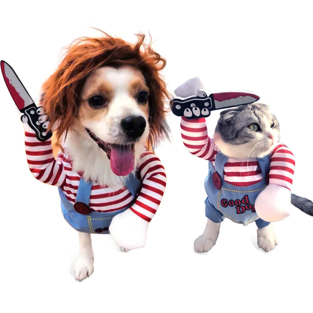 Pet dog wearing cartoon cowboy costume with hat, standing on grass
