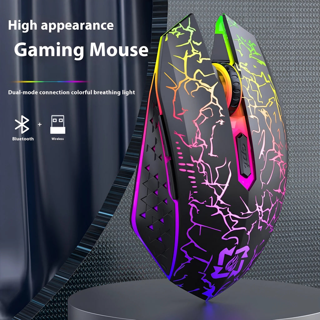 Black and white wireless gaming mouse with breathing lights showing Bluetooth and 2.4G connectivity options