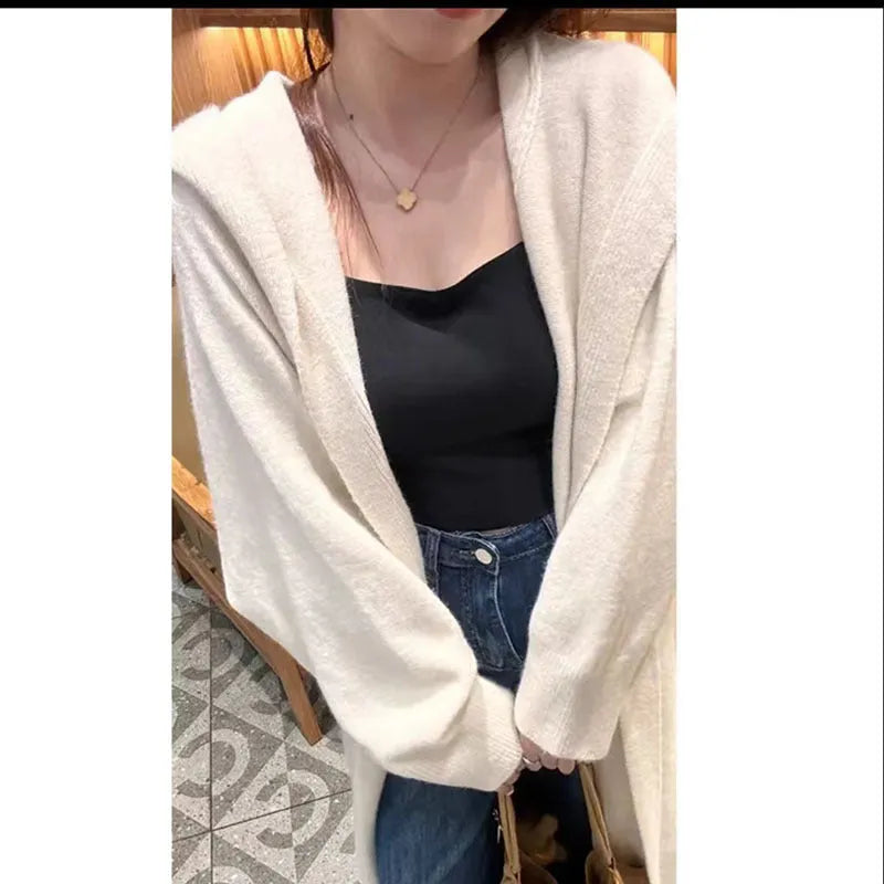 Korean style long below-knee hooded cardigan for women in a loose fit, shown in beige.