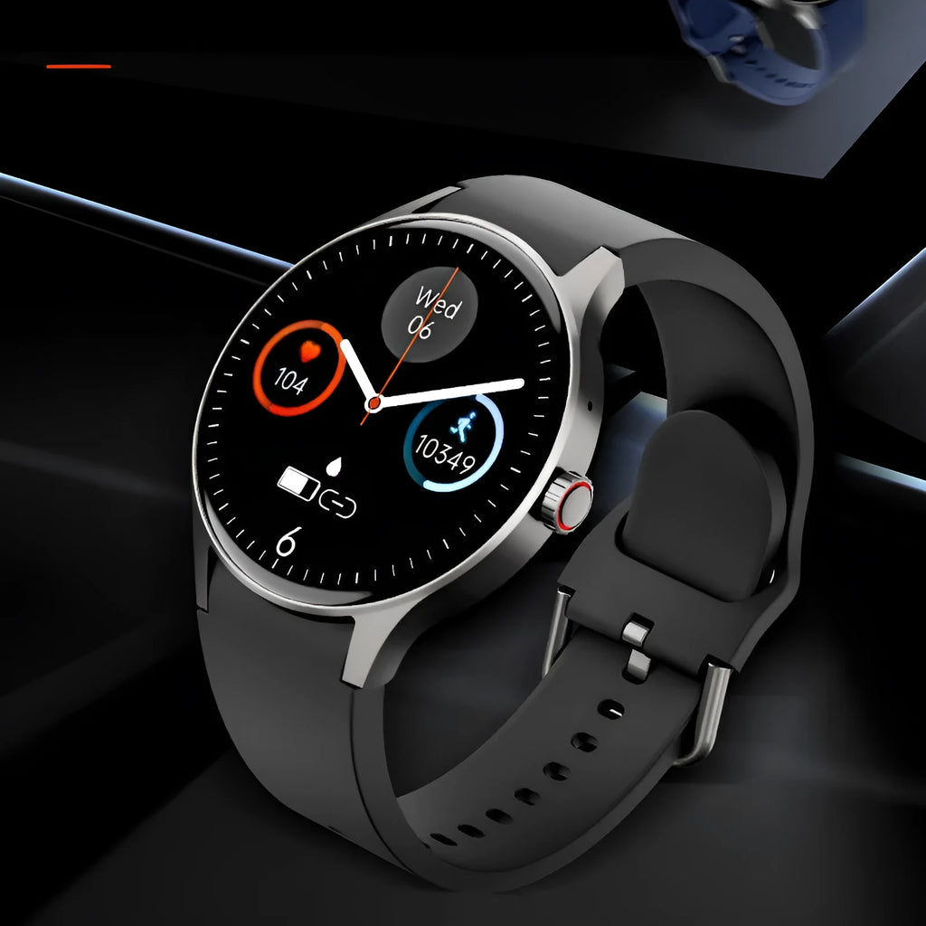 Smart watch with circular AMOLED screen showing health stats, on a black silicone wristband.