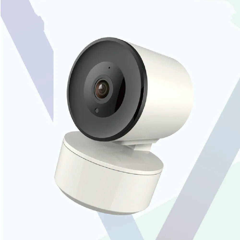 White indoor WiFi security camera with rotation capability and infrared sensors for night vision