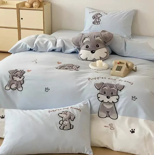 Schnauzer cartoon pattern bedding set with embroidered dog design on thickened cotton