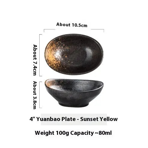 Oval Japanese ceramic sauce dipping bowl with underglaze finish on a table.
