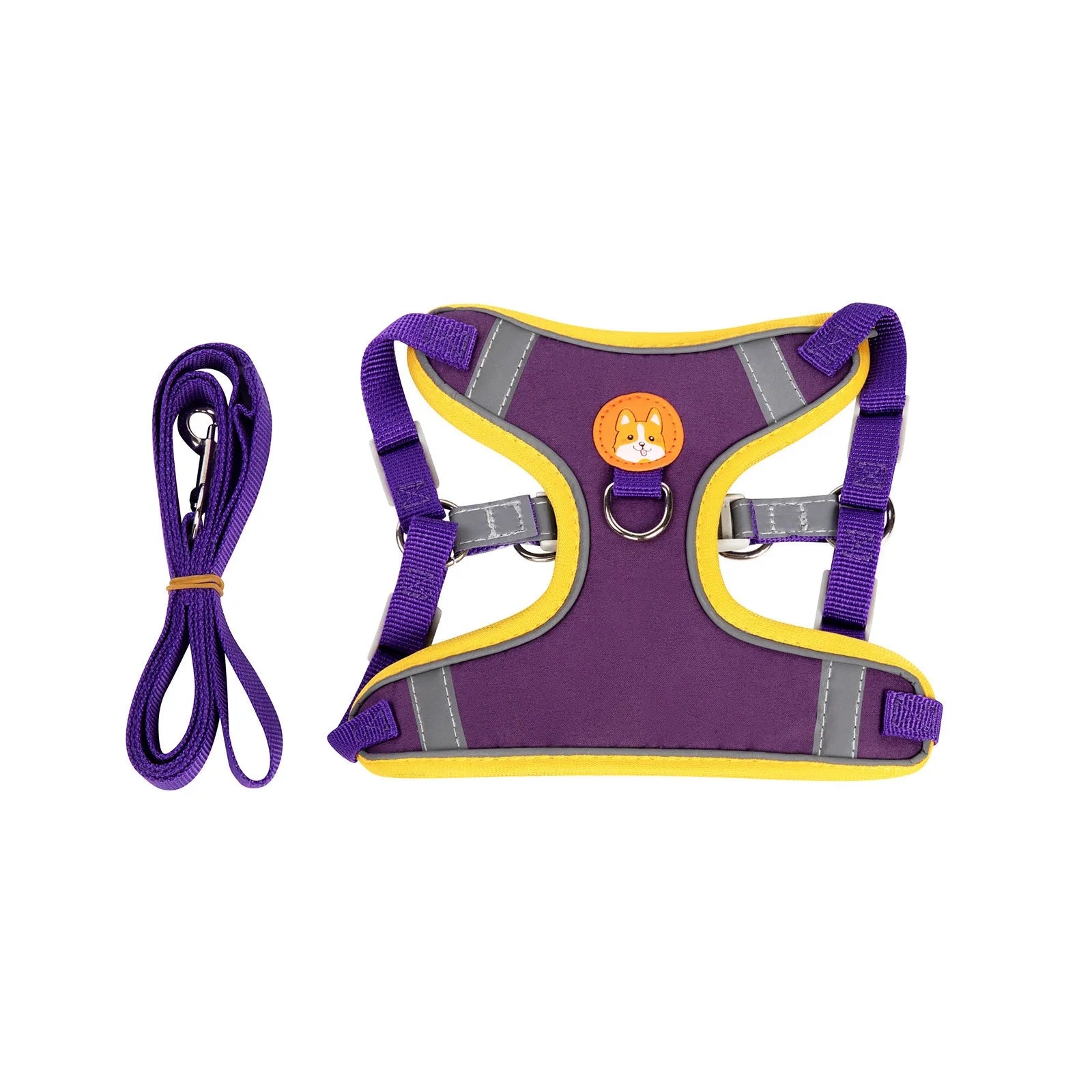 Purple adjustable dog haulage rope harness with chest strap shown on a medium-sized dog.