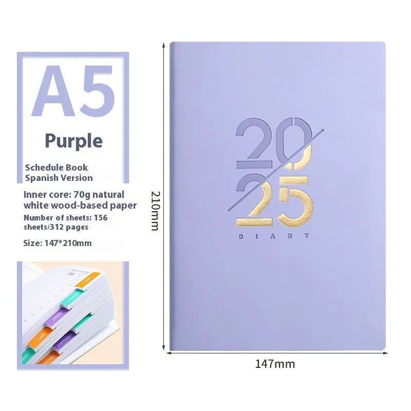 2025 A5 daily planner with faux leather cover, open to show Dorian paper pages.