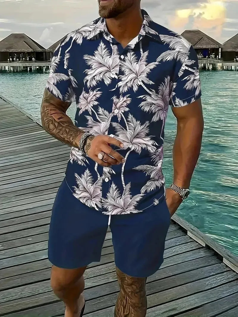 Men's Hawaiian 3D printed short sleeve suit with matching trousers in various colours