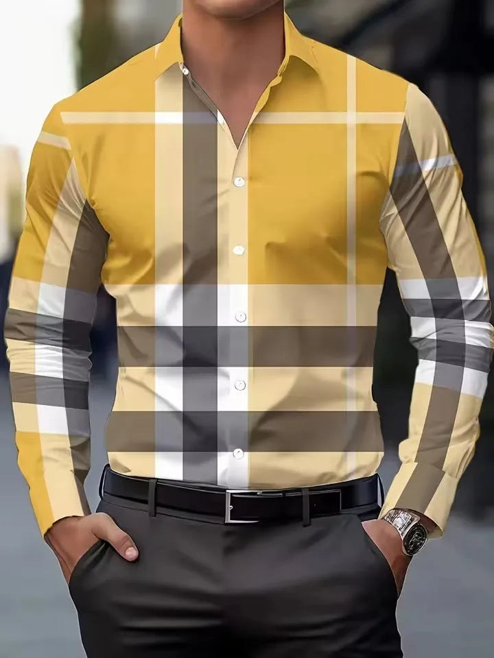 Men's printed long sleeve button-up shirt with lapel collar and striped pattern in polyester fabric