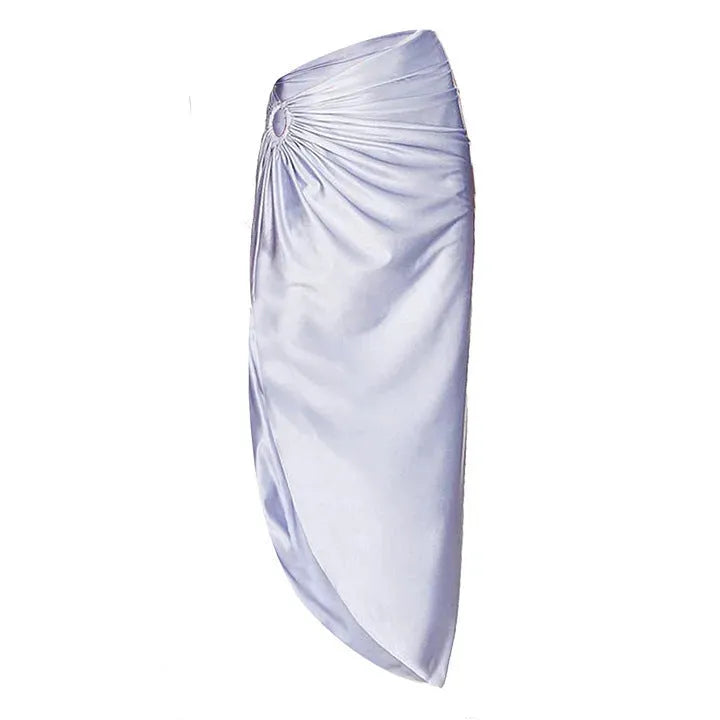Purple one-piece swimsuit with a separate matching wrap skirt laid flat.