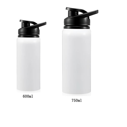 White aluminium sports water bottle for cycling and outdoor activities showing 600ml and 750ml capacity options