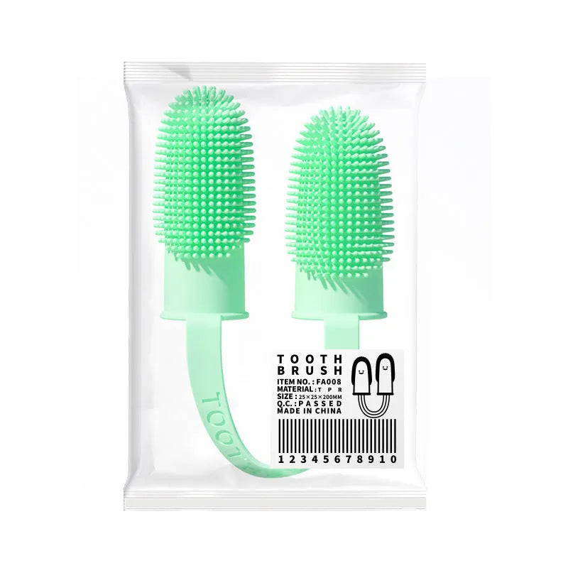 Pet dental finger toothbrush set in pink, blue green, and grass yellow colours, showing double finger design.