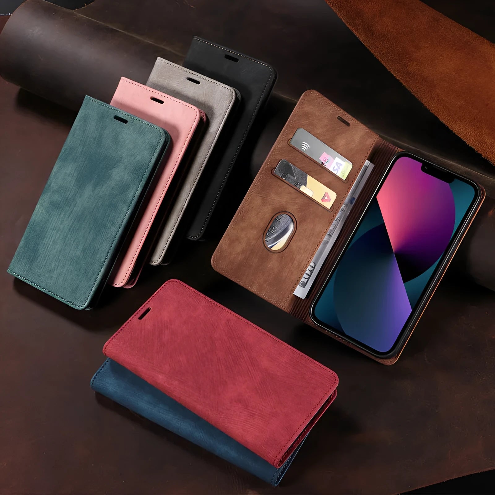 Magnetic flip phone case in solid grey leather and TPU material compatible with various iPhone models