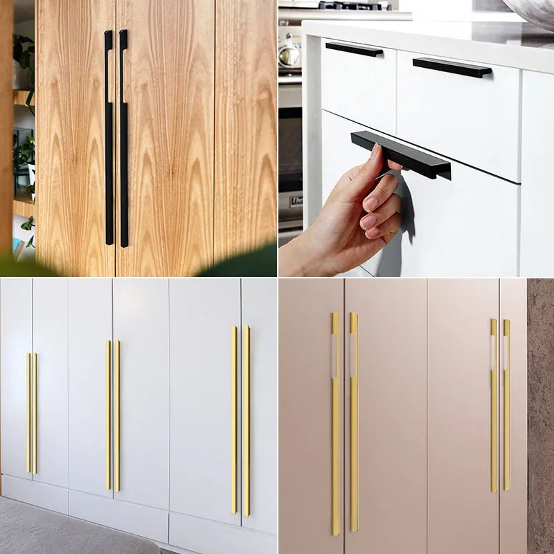 Gold T-shaped aluminium cabinet handle for single hole mounting.