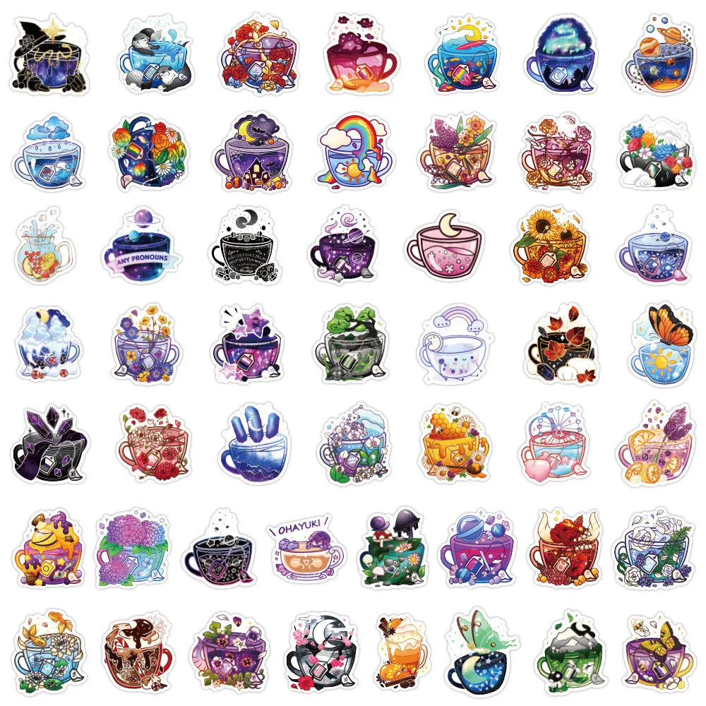 Colourful tea cup graffiti design waterproof stickers 50 piece pack for luggage and scooter personalisation