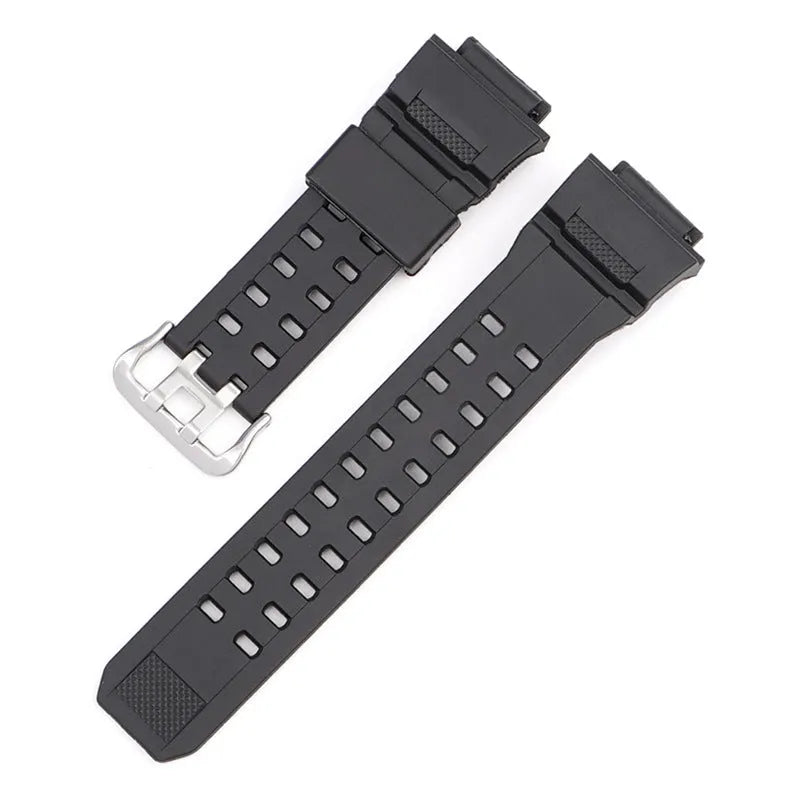 Camouflage pattern TPU watch strap with silver buckle closure shown in multiple colour options