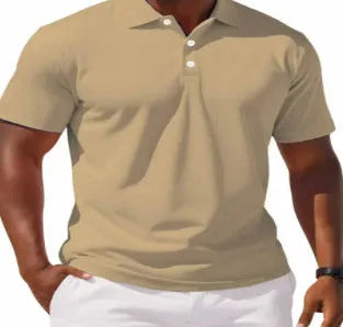 Men's slim fit solid colour cotton blend short sleeve button-down shirt on a hanger.