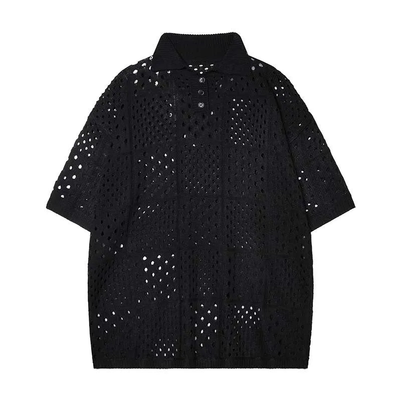 Solid colour short-sleeved polo shirt with hollow knit fabric and loose cardigan style