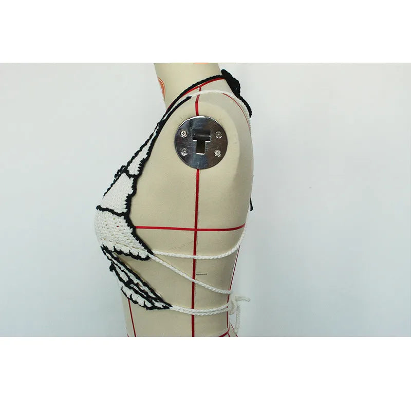 Black and white women's two-piece acrylic bikini swimsuit for swimming and sports.