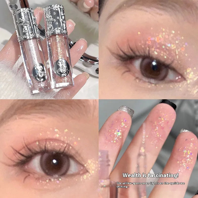 Ballet liquid eye shadow showing five colour options including pink glitter, brown shimmer, purple metallic, nude matte and silver glitter finishes