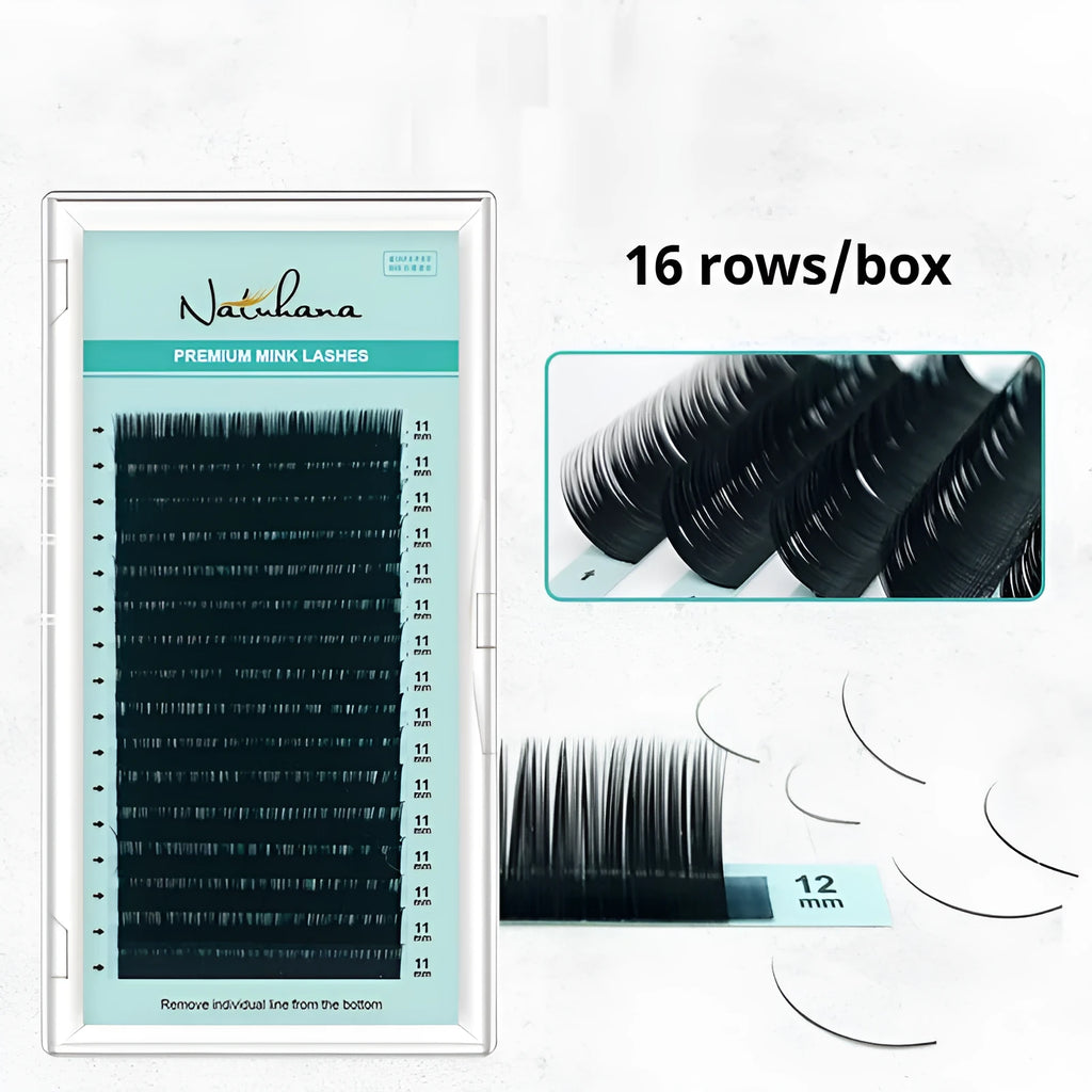 Soft velvet artificial fibre false eyelashes in various lengths from 7mm to 15mm and thicknesses 0.05CC to 0.2CC