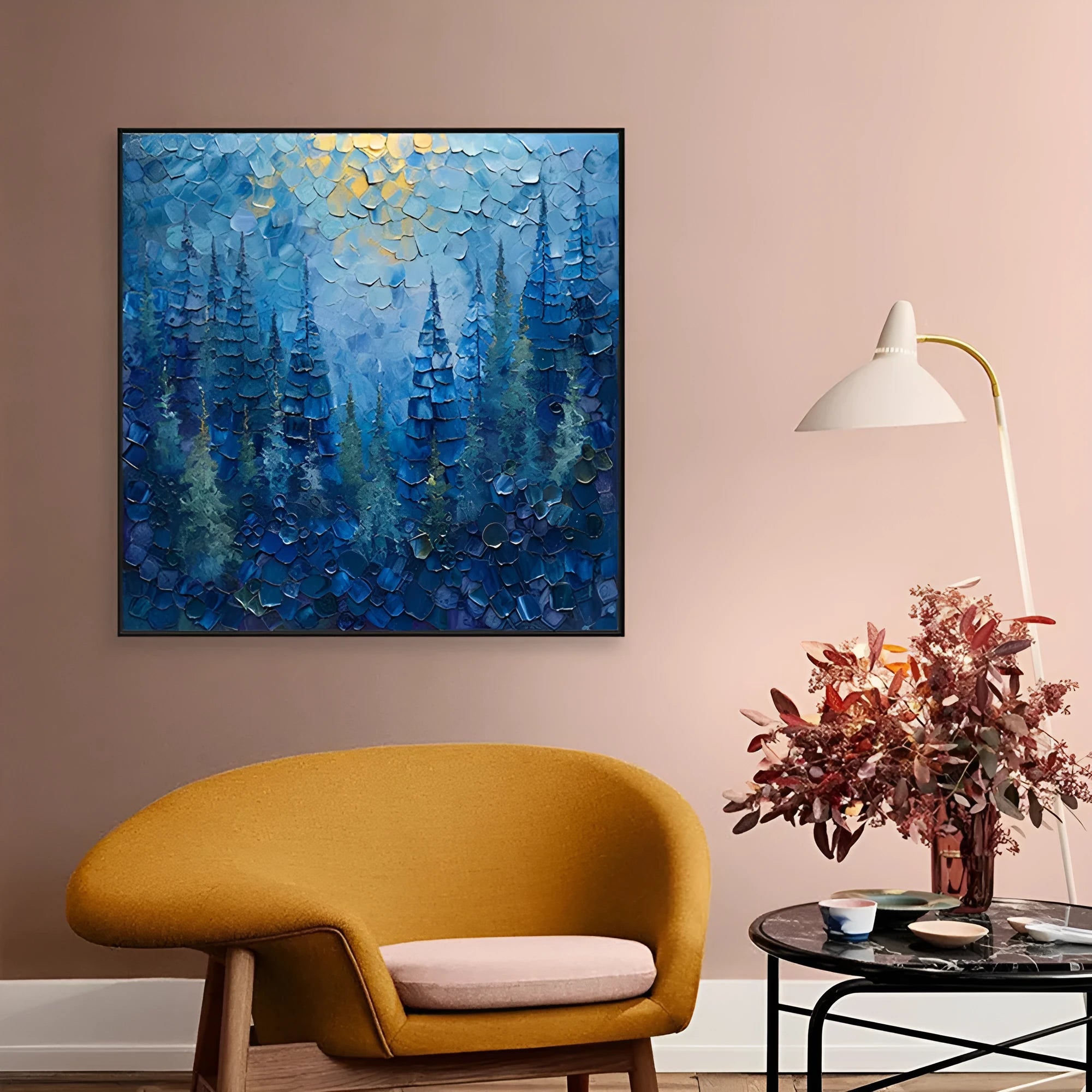 Blue mysterious forest tree abstract landscape hand painted oil painting on canvas, square size, no frame, for living room decor