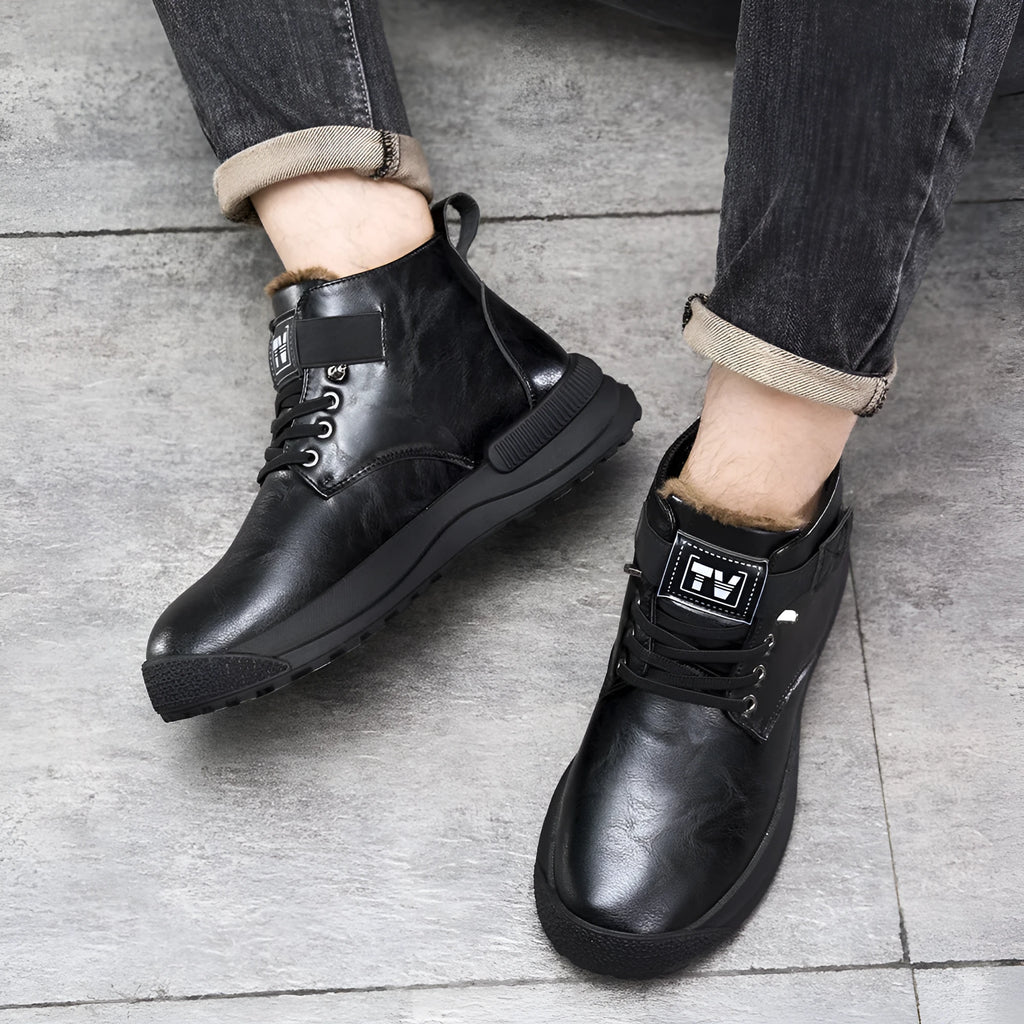 Black high-top Martin platform boots with velvet finish and rubber sole