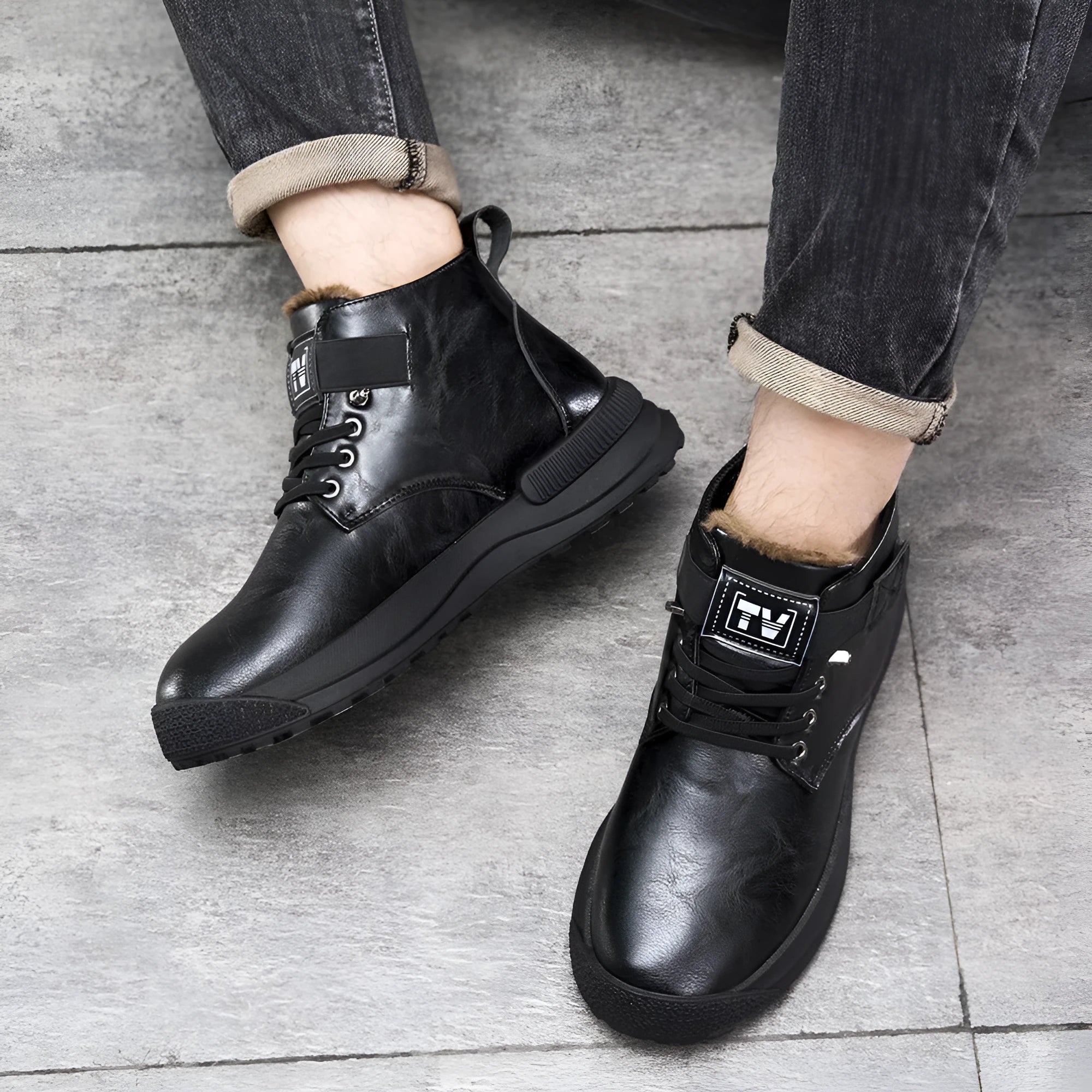 Black high-top Martin platform boots with velvet finish and rubber sole