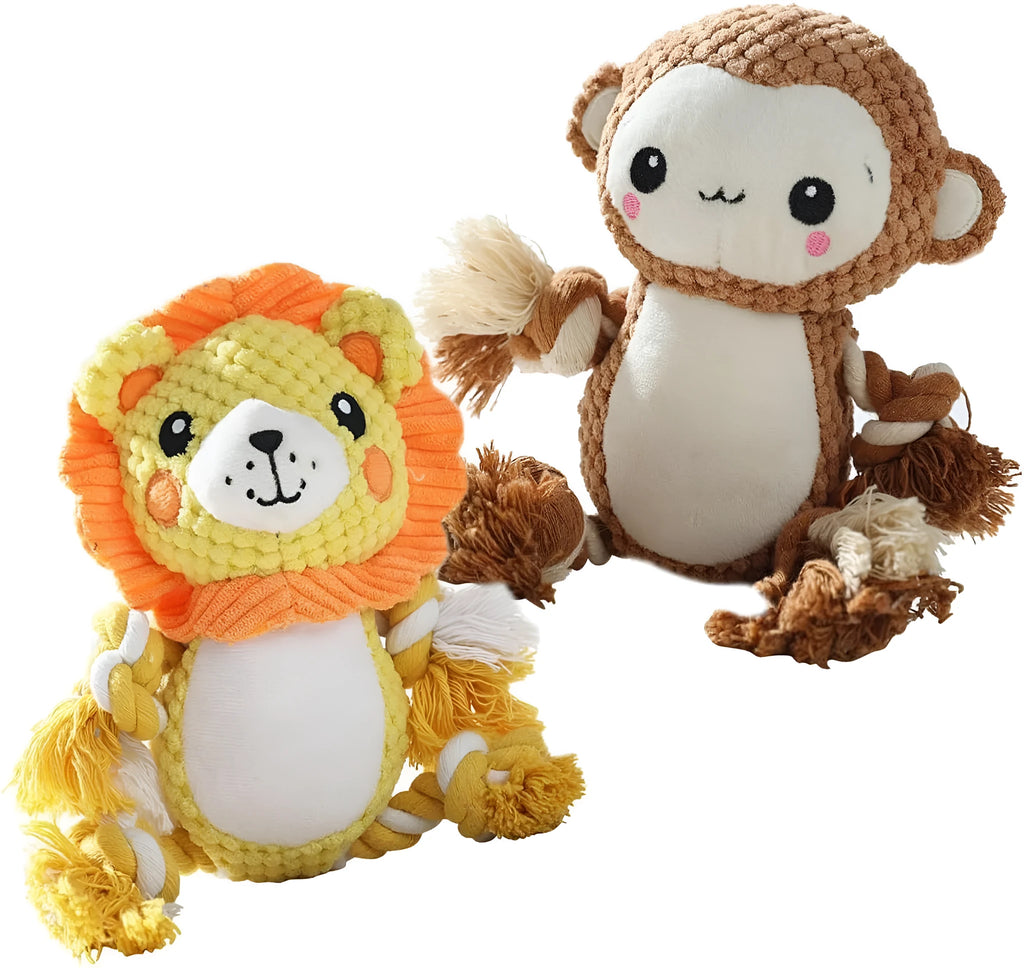 Plush squeaky dog toys assortment with lion and monkey designs for medium large dogs