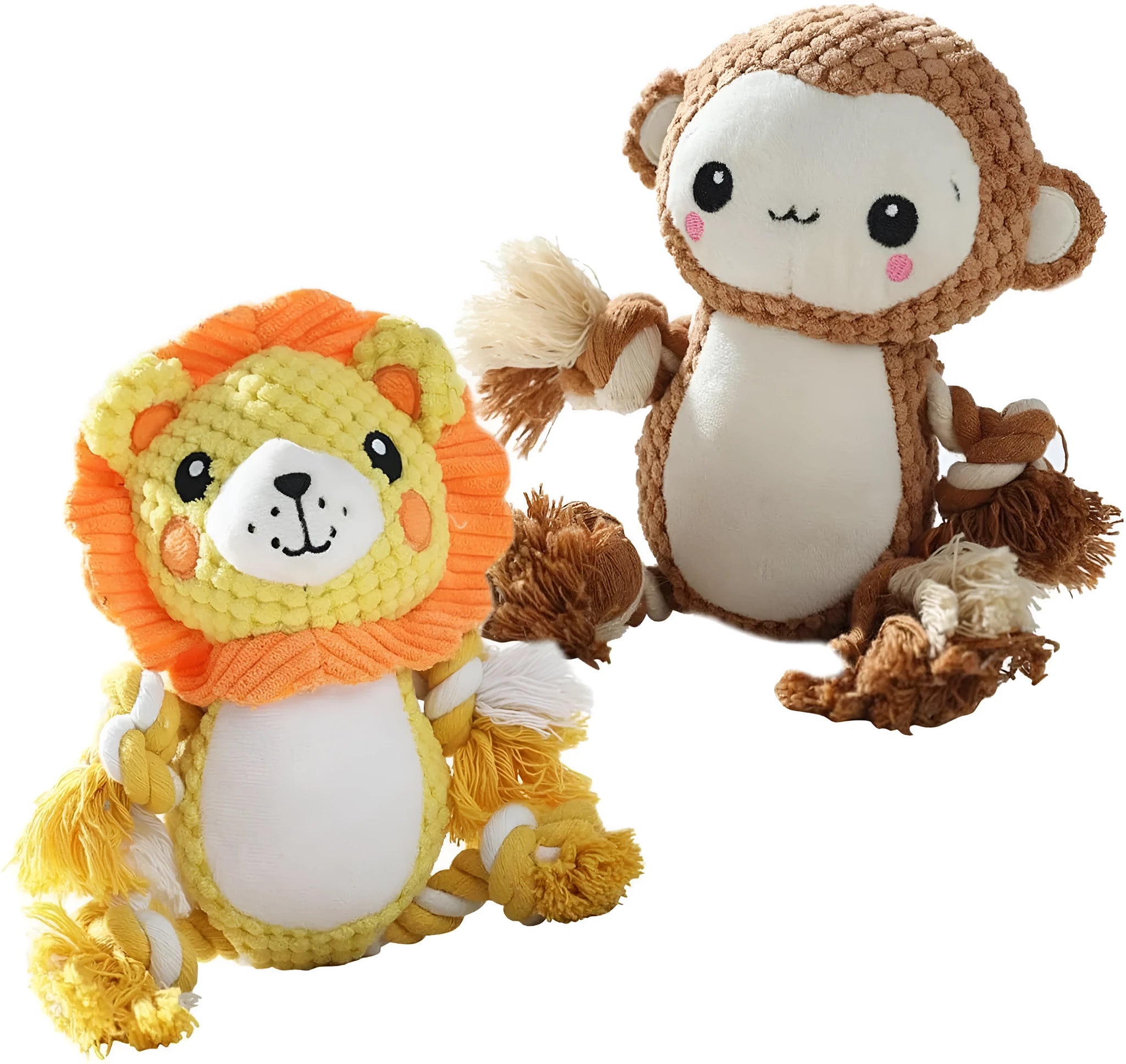 Plush squeaky dog toys assortment with lion and monkey designs for medium large dogs