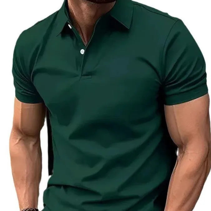 Men's slim fit solid colour cotton blend short sleeve button-down shirt on a hanger.