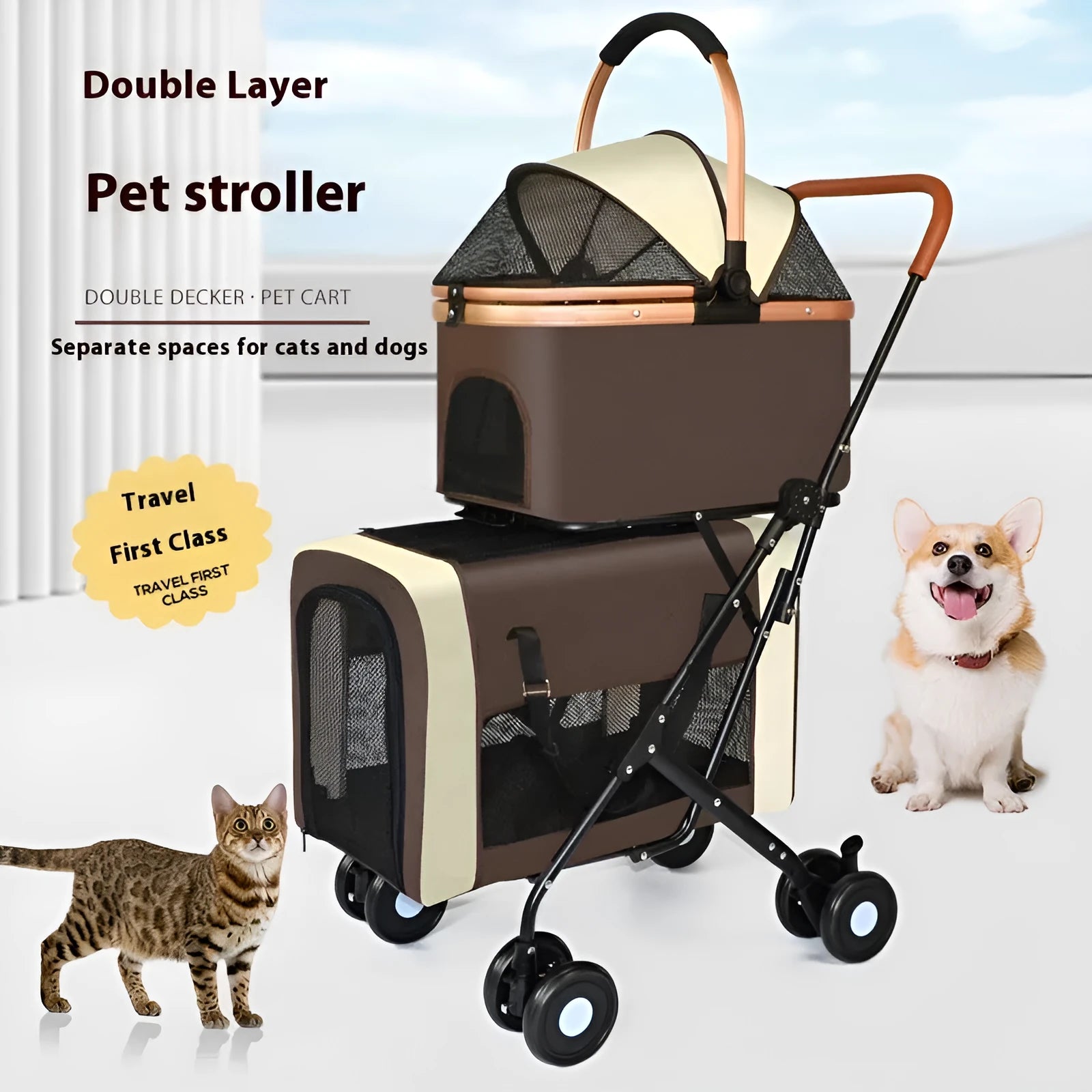 Double-layer portable pet stroller in Army Green with metal frame for two small dogs or cats