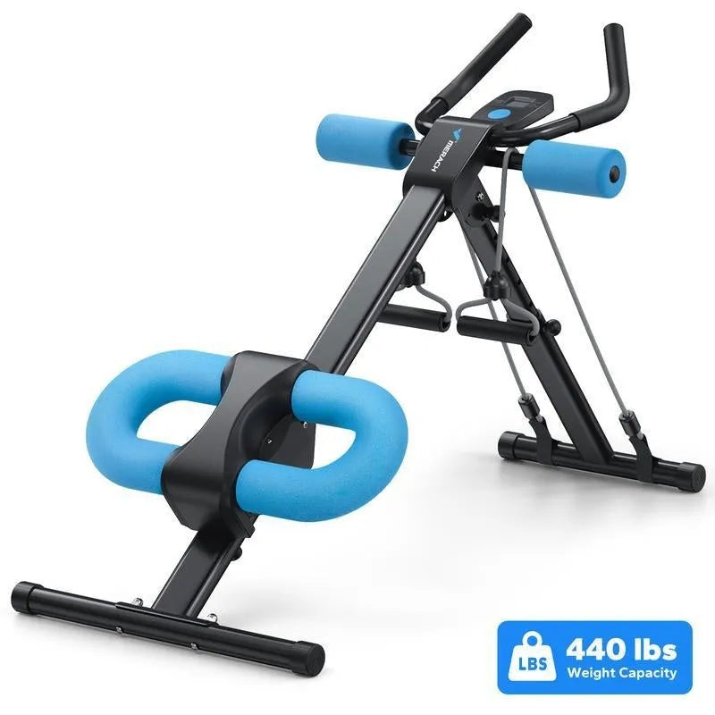 AB Rocket waist-shaping machine with steel frame, foam padding, and blue count drawstring for home core fitness