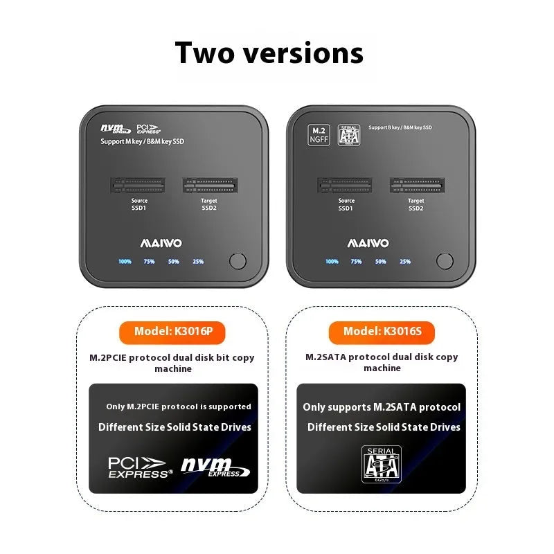 MAIWO K3016 M.2 solid state drive dock with data cables and power adapter for SATA and NVMe SSD copying