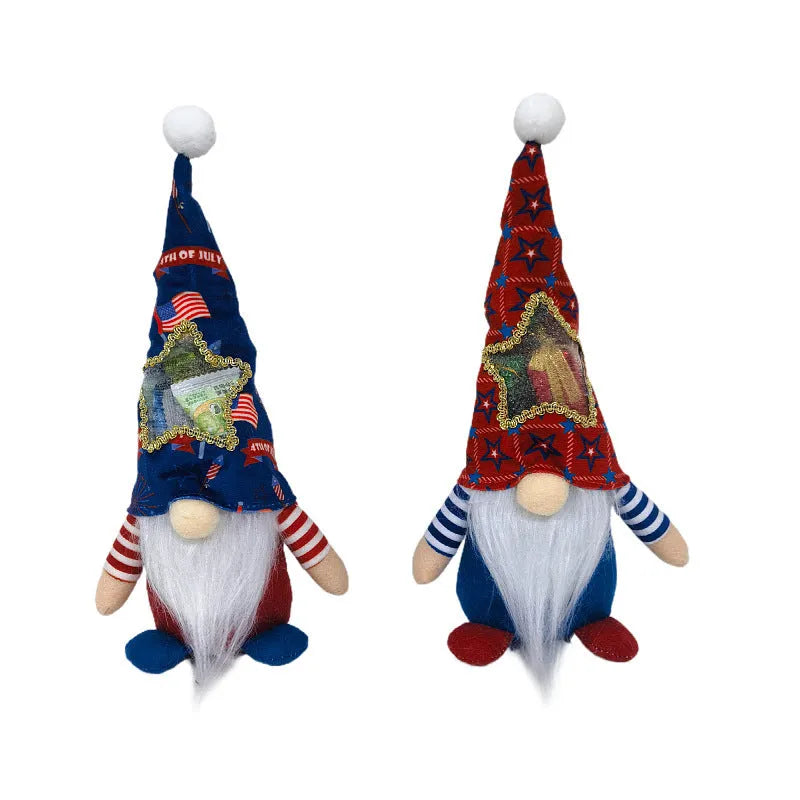 Two faceless Rudolf baby doll cloth Christmas ornaments in red and white suit style.
