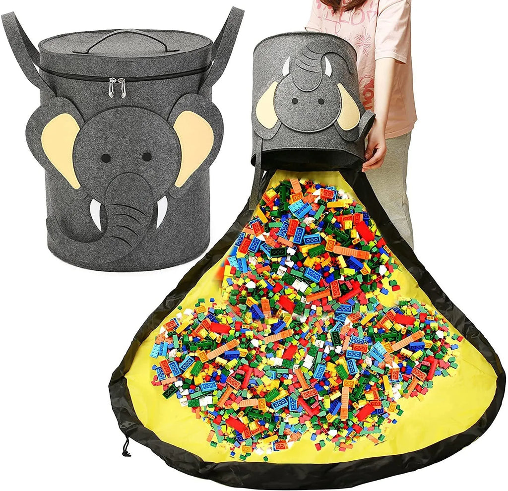 Green felt storage bag converted into a toy play mat with pull rope closure
