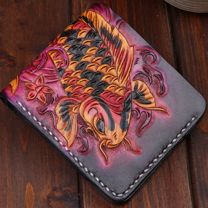Men's hand-carved cow leather short wallet in red, blue, and gold colour options.