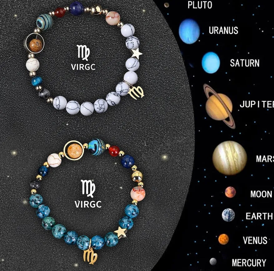 Two natural stone beaded bracelets with adjustable cords on a surface, representing a zodiac sign jewellery set.