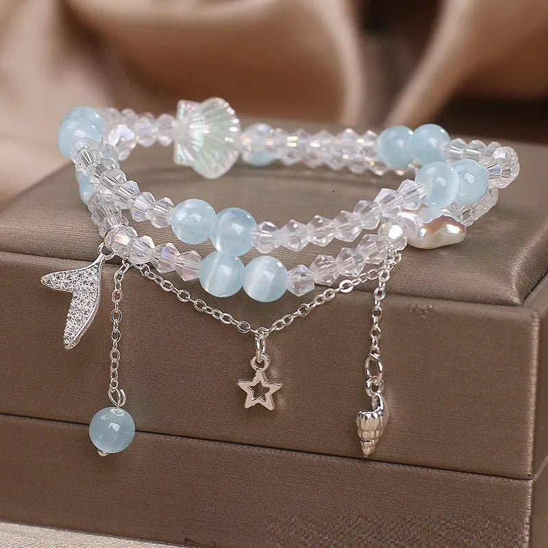 Double circle aquamarine bracelet for women, light blue gemstone in metal setting