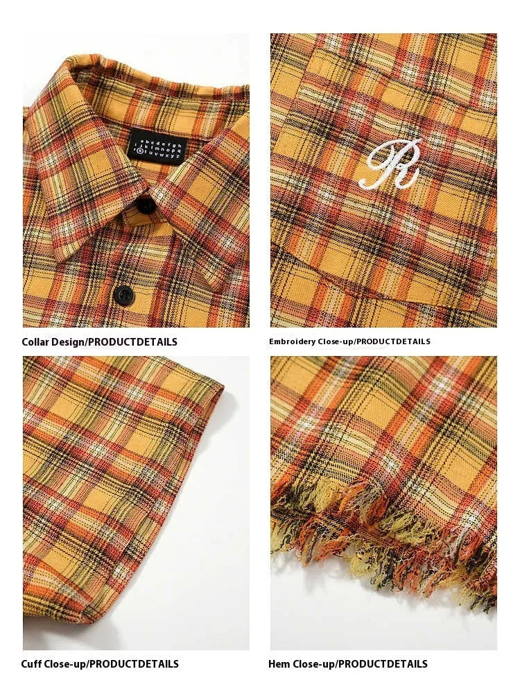 Yellow grid pattern short sleeve plaid shirt with embroidered pocket detail in loose fit
