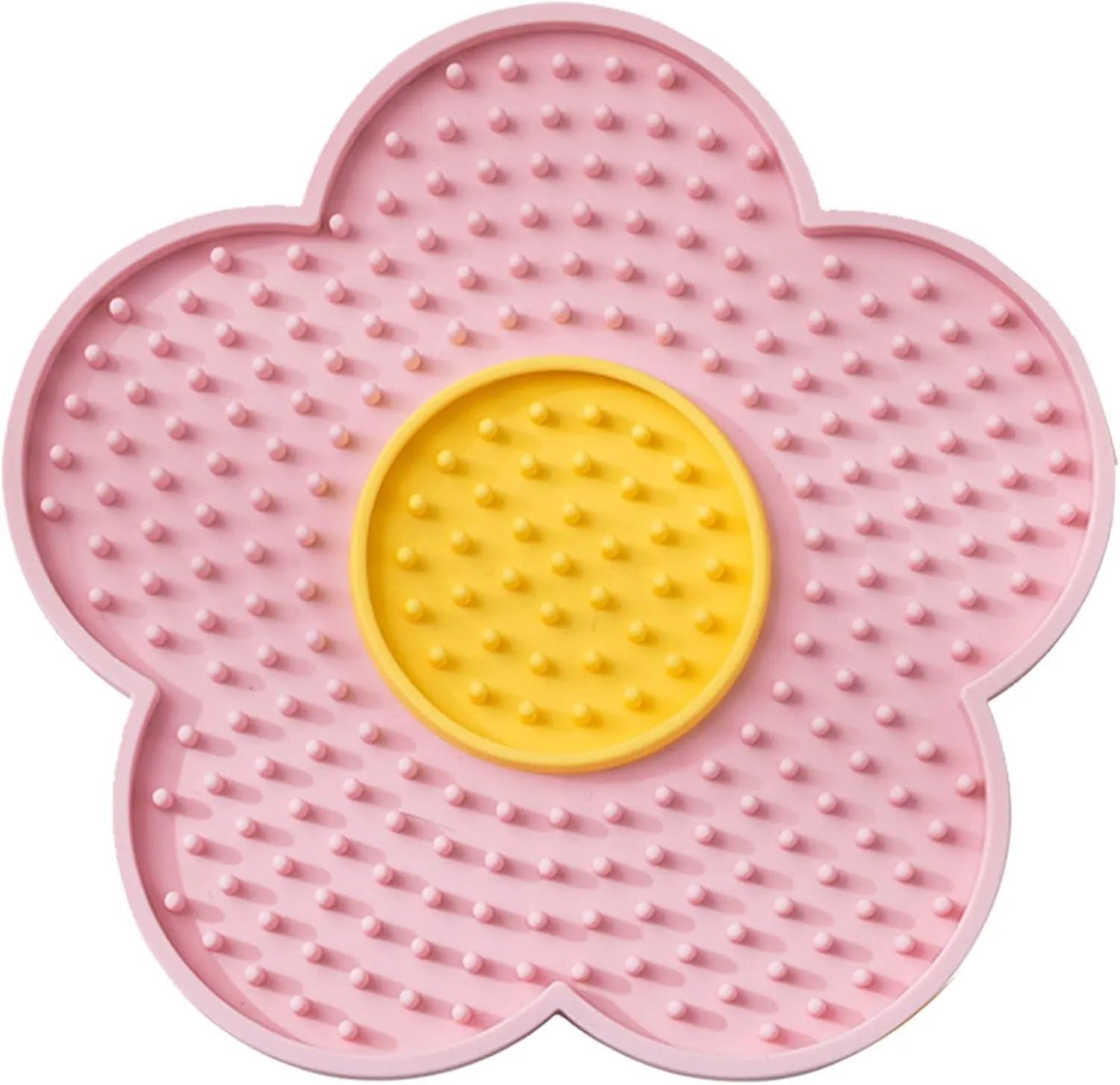A blue flower-shaped silicone lick mat for pets with four white suction cups on the underside.